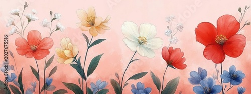 Delicate watercolor wildflowers with red, white, yellow and blue blooms, green leaves and tiny white sprigs on a soft peach background evoking calm and gentle whimsy