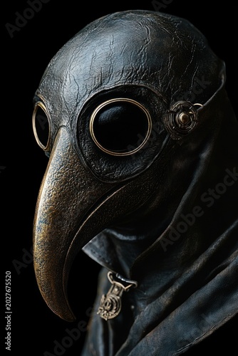 ominous worn leather beaked mask with brass-rimmed round goggles, dark hooded cloak and ornate clasp, cracked patina and haunting moody portrait