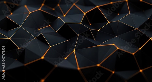 dark faceted polygonal surface with glowing orange connecting lines and nodes evoking a futuristic mysterious network