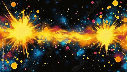 Twin radiant yellow starbursts linked by a glowing golden nebula across a black cosmic sky dotted with colorful stars and blue nebulous clouds, evoking awe and energetic wonder