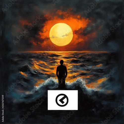 Solitary silhouette on a rock amid turbulent ocean waves beneath a fiery golden sun and brooding clouds, reflective water and a white sign with circular symbol, evoking quiet melancholy