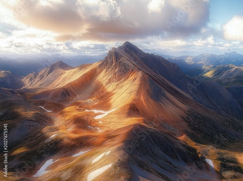 aerial view of a jagged mountain peak with sunlit golden ridges, scattered snow patches and rocky valleys under a dramatic cloud-filled sky, evoking awe and serene majesty