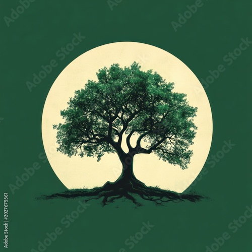 Majestic solitary tree with exposed roots before a glowing full moon on a deep green background, serene and timeless