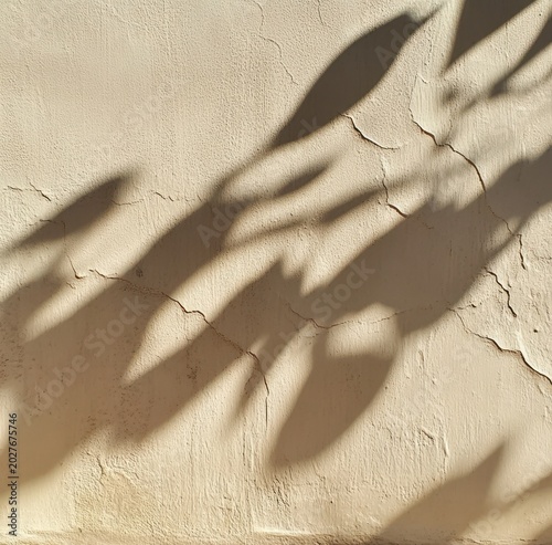 soft leafy shadows cast across a cracked beige plaster wall, textured surface evoking calm warmth