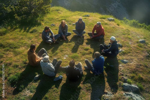 nine people sitting in a circle on a grassy hilltop beside rocks and a steep slope, sharing a calm, reflective outdoor moment in warm sunlight