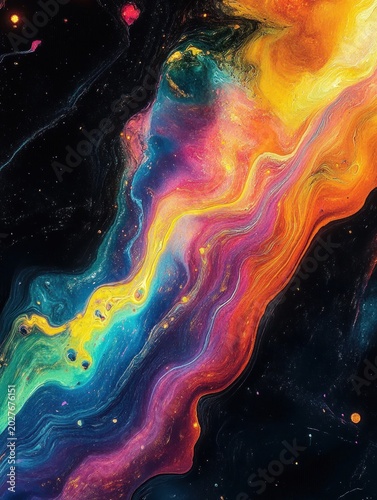 Vibrant swirling rainbow stream of fluid paint flowing across a cosmic black background with starlike speckles, radiant textures and a sense of wonder and dynamic serenity