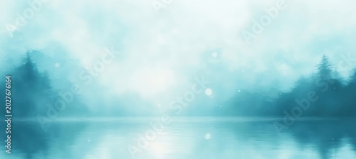 misty turquoise lake at dawn with silhouetted pine trees and calm reflective water, serene and dreamlike atmosphere