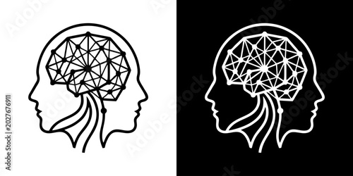 Foto Conceptual illustration of human profiles featuring an intricate network brain,