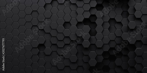 Smooth black honeycomb background of patterned hexagons. Random array of 3d rendered hex shapes creating a visual of sleek, dark, shadowy pattern for futuristic, scientific, or technical backgrounds.
