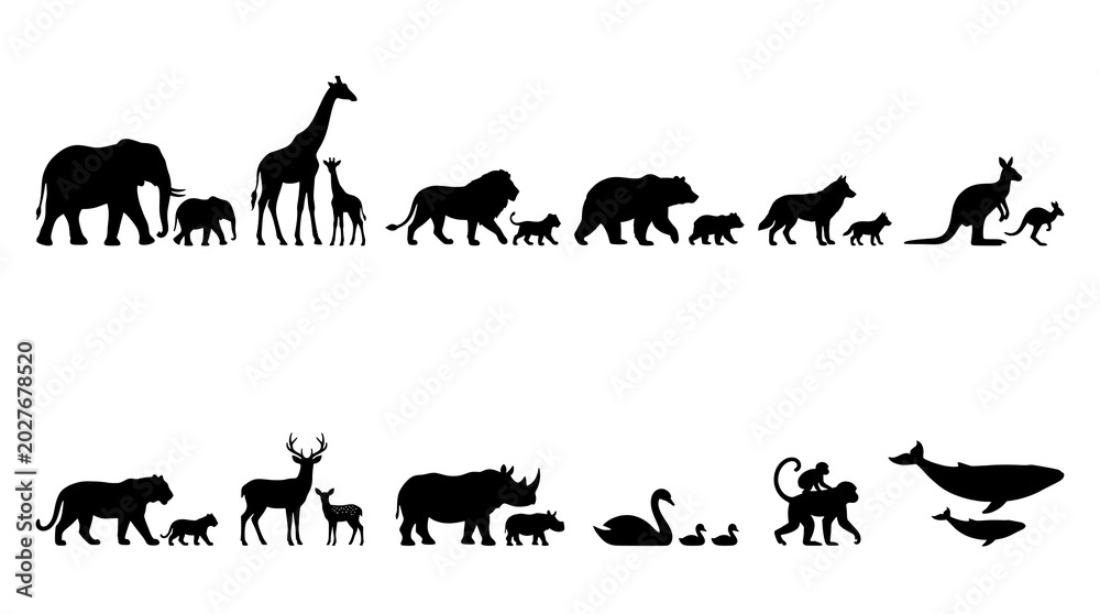 Fototapeta premium Black animal silhouettes in a diverse pet set on white background