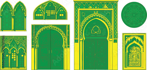 Obraz na płótnie Architectural elements showcase a collection of traditional green and yellow archways and doorways