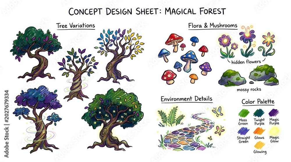 Obraz premium Magical Forest Concept Design Sheet with Tree Variations and Flora Elements.