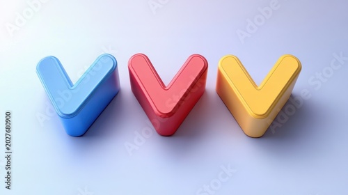 three glossy 3d v-shaped chevron blocks in blue red and yellow on a soft light surface conveying playful upbeat optimism
