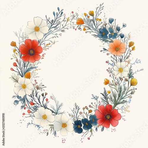 delicate circular floral wreath of red, orange, blue and white wildflowers with soft green foliage, evoking serene whimsical charm