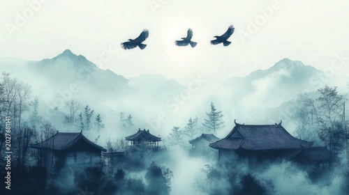 Misty mountain village with traditional temple roofs, pine trees and three birds soaring at dawn in a serene mystical atmosphere