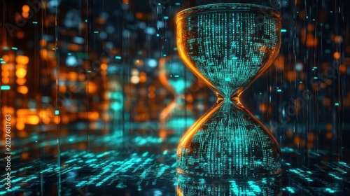 Glowing glass hourglass filled with streaming digital code on a reflective surface surrounded by neon blue and orange light rain, conveying futuristic urgency