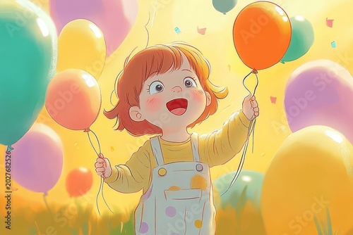 young child in polka dot overalls holding colorful balloons in a sunlit grassy field, confetti drifting, joyful and playful celebration in warm golden light