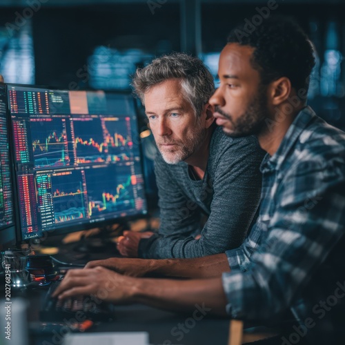 Two Men Analyzing Stock Market Data on Computer Monitors in Dark Office