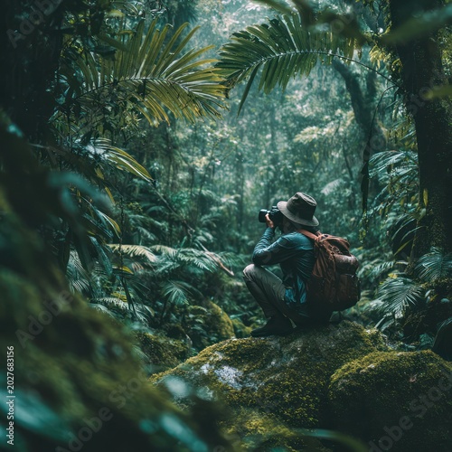 Explorer Man Wearing Hat Backpack Squatting in Jungle Dense Green Foliage Nature Scene