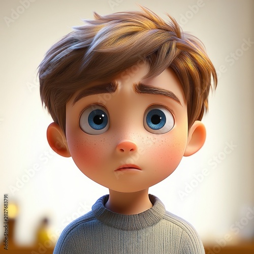 head-and-shoulders portrait of a young child with tousled light brown hair and ribbed gray sweater, face squarely obscured by blur, warm bokeh lighting conveying a gentle, reserved mood