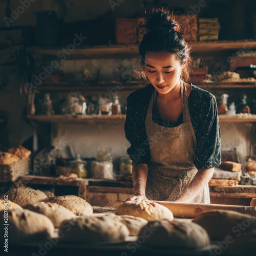 Young Female Baker Working with Dough in Rustic Bakery Kitchen