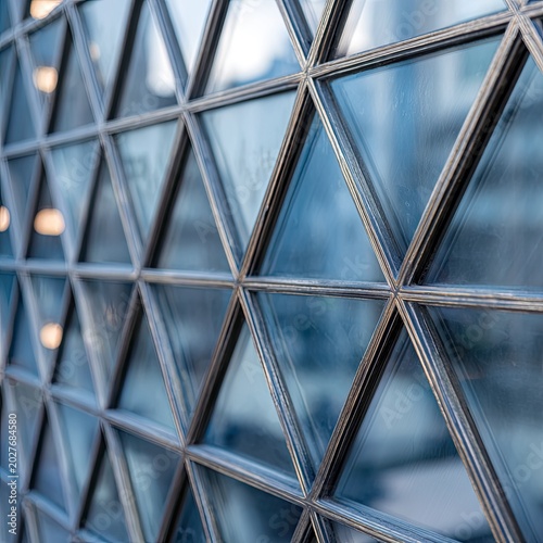 Geometric Glass Building Facade with Reflective Blue Windows in Modern Architecture
