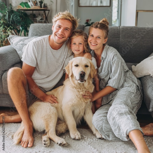 Happy Family of Three with Dog Sitting on Couch in Living Room