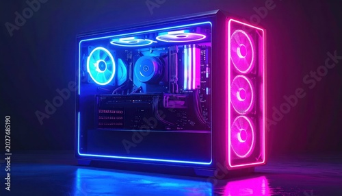 Neon Gaming Computer Tower Glowing with Rgb Lights in Dark Studio