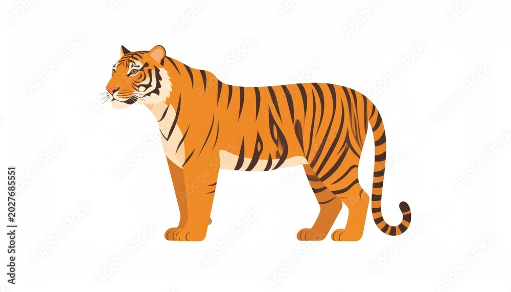 Fototapeta premium Orange Striped Tiger Standing in Side View on White Background