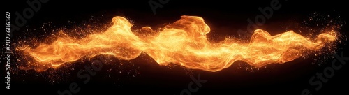 Dynamic glowing ribbon of golden fire and sparks on a black background conveying intense energy and dramatic motion