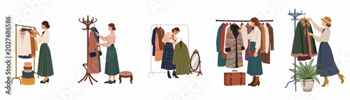 Konstfotografi Set of flat illustrations showing elegant women browsing through vintage coats and clothing on racks in a boutique or dressing room