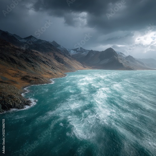 Majestic Mountain Range with Turquoise River Under Dramatic Dark Cloudy Sky