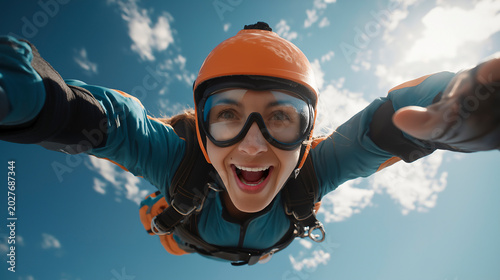 Excited Woman Skydiving in Mid-air, Extreme Sports