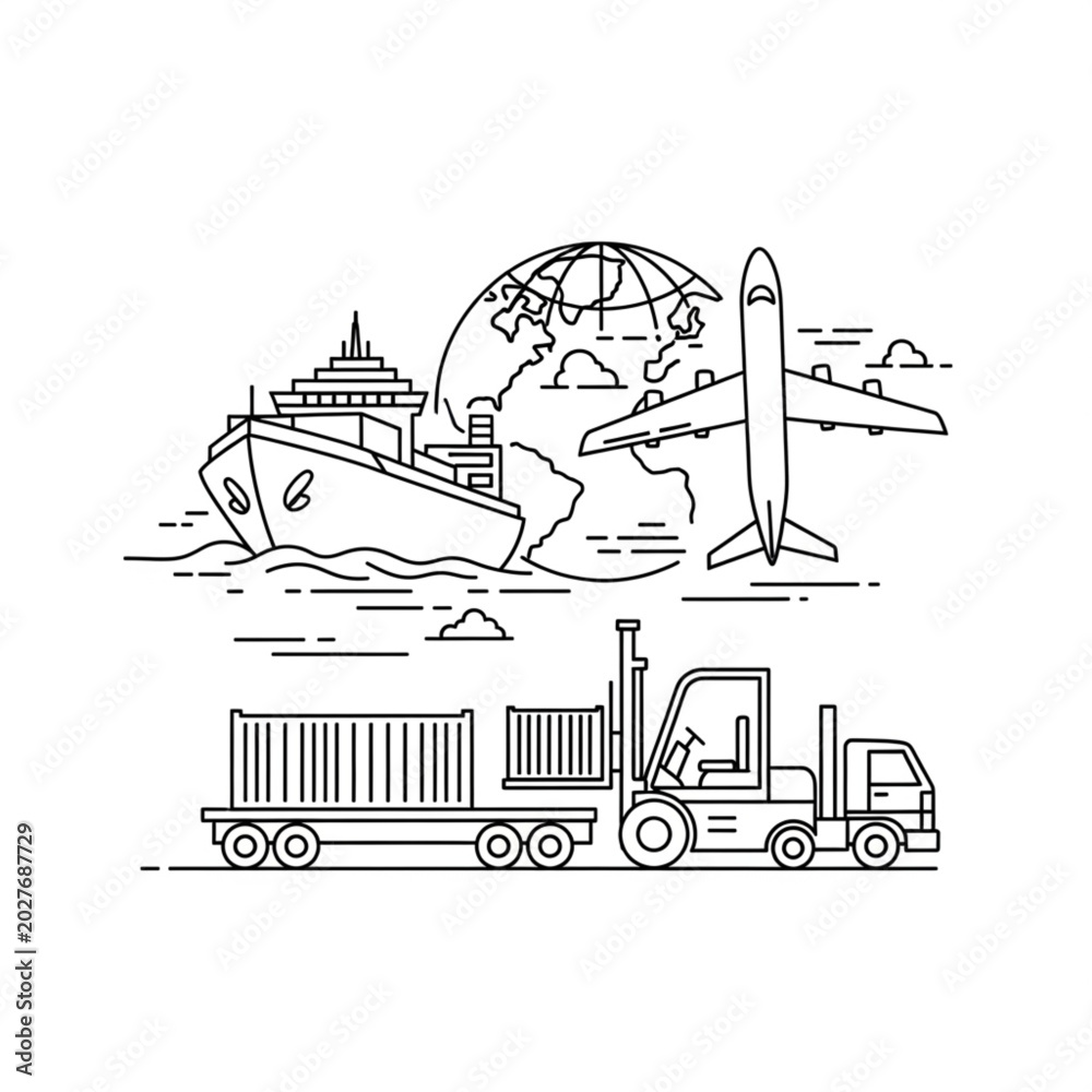 Naklejka premium Shipping containers are moved by a forklift near a ship, airplane, and truck with 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 logistics