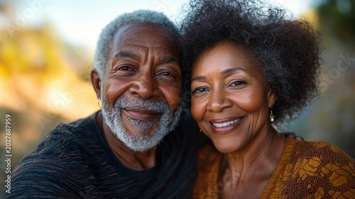 Older couple sitting closely outdoors with faces blurred, smiling warmly and embracing amid soft golden-hour light and textured casual clothing
