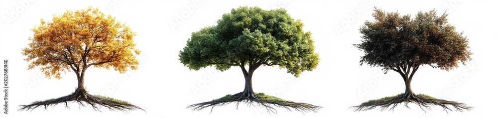 Fototapeta premium Three isolated deciduous trees with exposed roots and grassy mounds showing green summer, golden autumn, and brown late-season foliage, calm and resilient