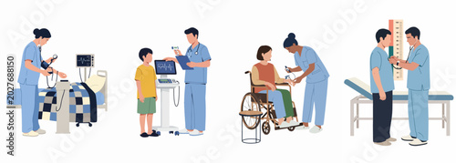 Foto Flat vector illustration set of healthcare professionals providing medical care and checkups to diverse patients in a hospital or clinic setting