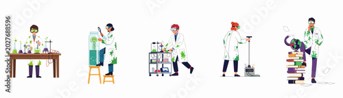 Bild auf Leinwand Set of flat vector illustrations depicting clumsy scientists with stained lab coats performing various scientific experiments and research activities