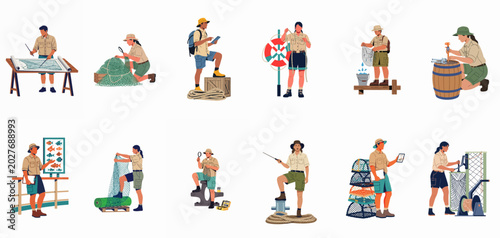 Bild auf Leinwand Set of flat illustrations depicting marine researchers, fishery experts, and aquatic conservationists performing various professional tasks in the maritime industry