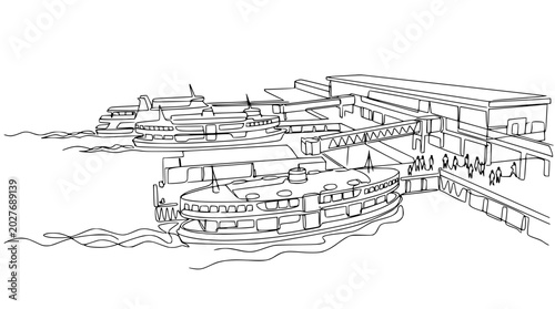 Ferry terminal with docked passenger boats, sketch style drawing
