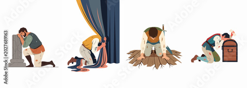 Photos Set of illustrations depicting a man in historical clothing experiencing deep despair, grief, and sorrow in various dramatic scenes