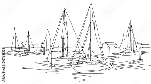 Sailboats docked in a serene harbor with minimalist line art style