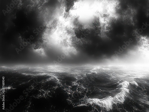 Ominous storm over a turbulent black-and-white ocean with churning waves, foamy whitecaps and heavy low clouds conveying dark, moody foreboding