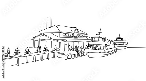 Tableau sur toile Continuous Line Drawing of Ferry Terminal with People and Boats