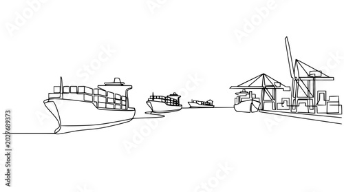 Continuous Line Drawing of Cargo Ships and Cranes at a Busy Port