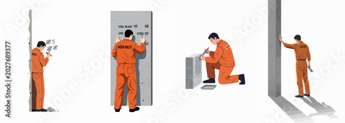 Fotografie Set of illustrations depicting male prisoners in orange jumpsuits counting time and marking walls in isolation on a white background