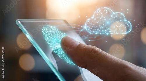 Human finger authenticate digital identity technology access secure cloud data system for modern security