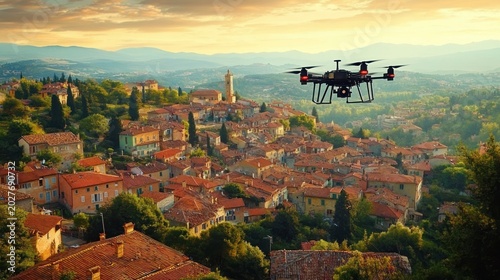 Drone hovering over a sunlit historic hilltop town with terracotta rooftops, bell tower and rolling hills at golden sunset, evoking calm and wonder