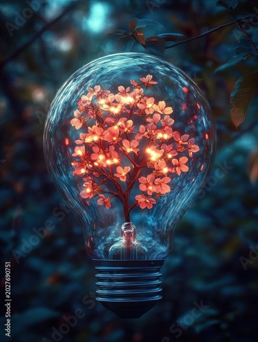Glowing flowering tree inside a glass light bulb suspended among dark blue leaves, warm magical glow and serene wonder