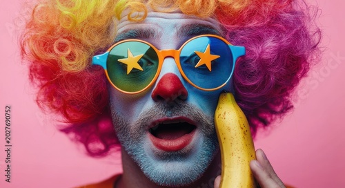 person with rainbow curly afro wig and blue earbud holding a banana like a phone against a pink background, playful and whimsical mood
